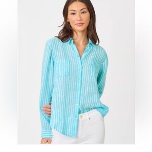 New Lilly Pulitzer Striped Turquoise Button-Up Blouse size M
